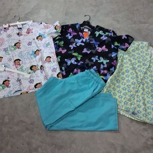 3 S v neck scrubs tops & 1 Pants :Brands-  Scrub Star, Cherokee, Nickelodeon
